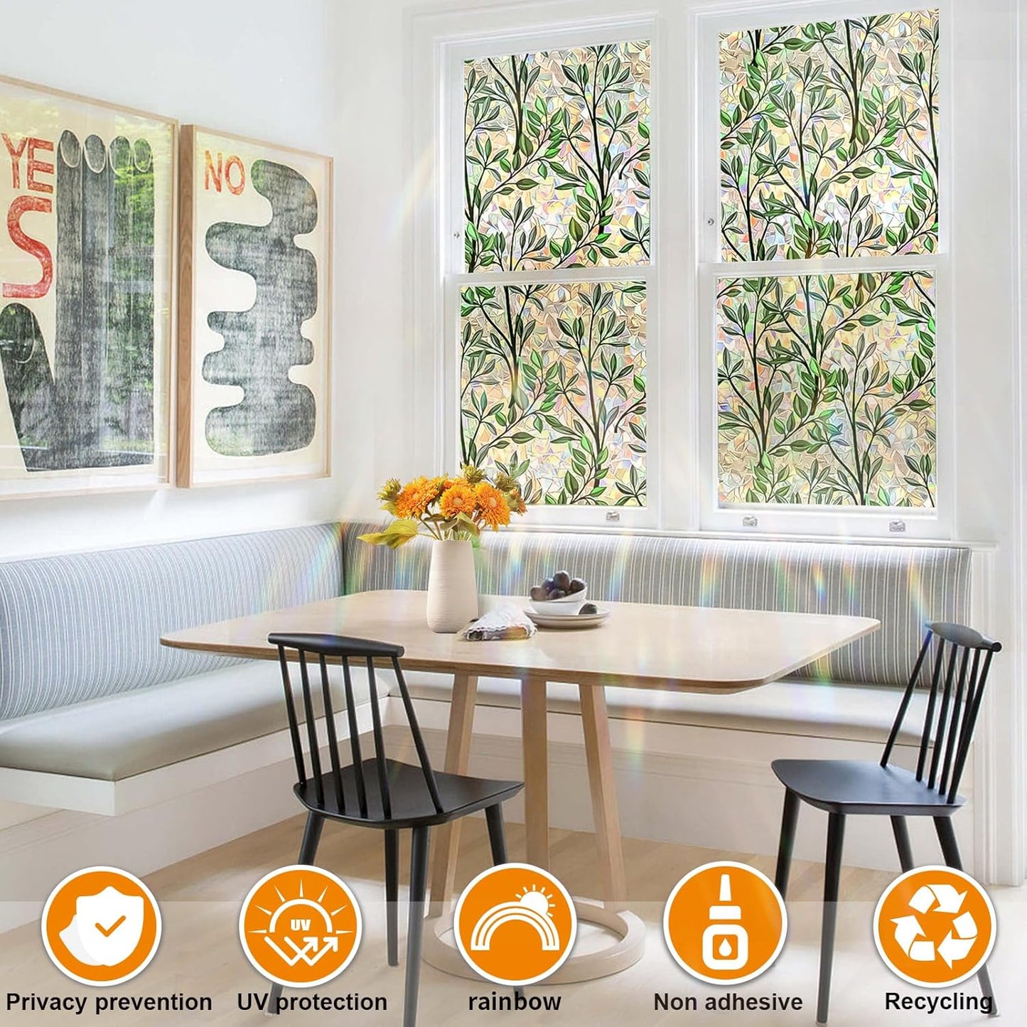 Window Privacy Film Stain Glass Window Film Rainbow Window Film Window clings Non-Adhesive Reusable Decorative for Room (Leaf Rainbow, 45.2 x 78.7 in)