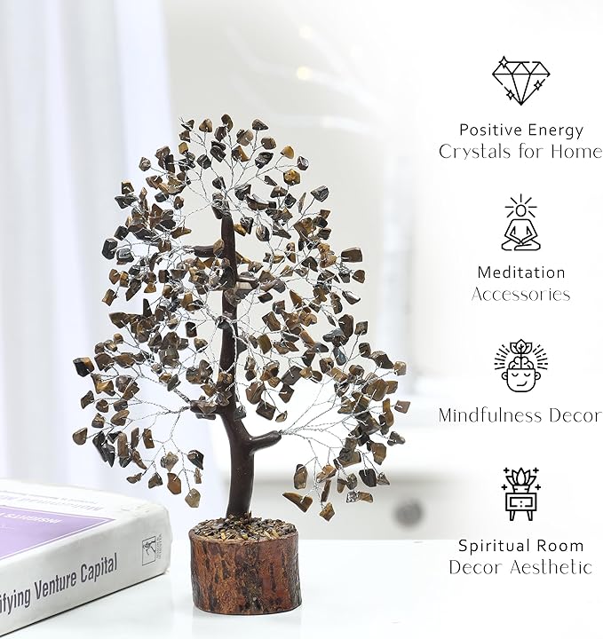PYOR Tigers Eye, Healing Crystal Tree, Office Decor for Women, Gem Tree, Tiger Eye Stone, Good Luck Gifts, Money Crystal Stone, Positive Energy Decor, Gemstone Bonsai