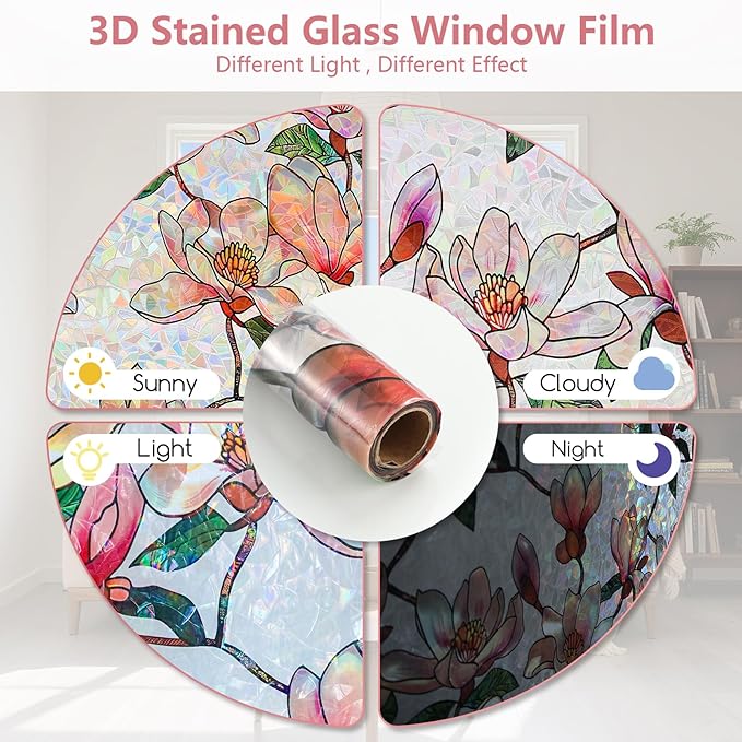 Kromapolis Window Privacy Film, Stained Glass Sticker Floral Window Clings, Decorative Static Clings UV Blocking Colorful Decals, Removable Vinyl Covering Rainbow Magnolia Flowers, 35.4'' x 78.7''