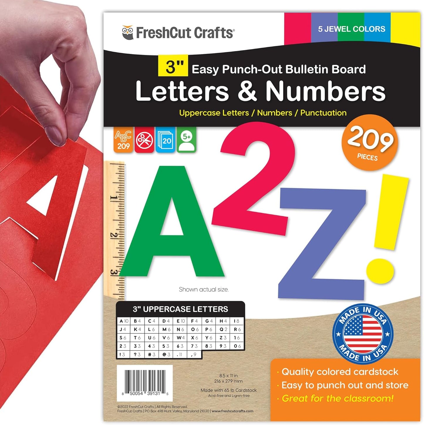 209 Pcs 3" Jewel Bulletin Board Precut Letters & Numbers, Capital Letters, Numbers, Punctuation, US Made Card Stock Punch Out Letters for Poster, Bulletin Board, Classroom