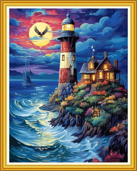 Magxvouy Cross Stitch Kits Stamped Full Range of Embroidery Kits,Cross Stitch Patterns Needlework Kits for Beginners 11CT Printed Kits&Seaside Lighthouse 16x20 inch