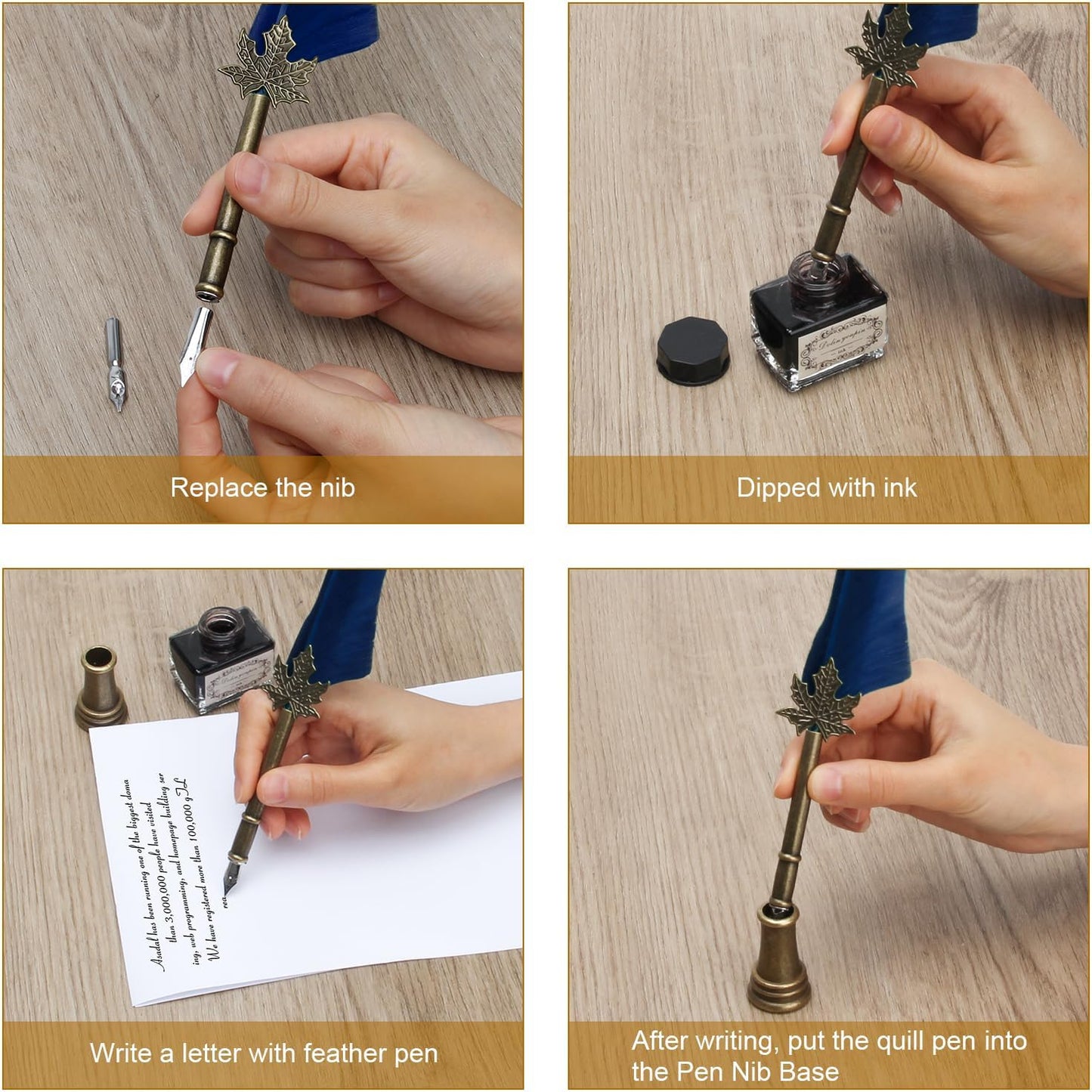 AHIER Quill Pen and Ink Set, Feather Pen Quill Pen Set Includes 5 Steel Replacement Nibs,Pen Nib Base and Dip Ink Bottle for Antique Calligraphy (Blue)