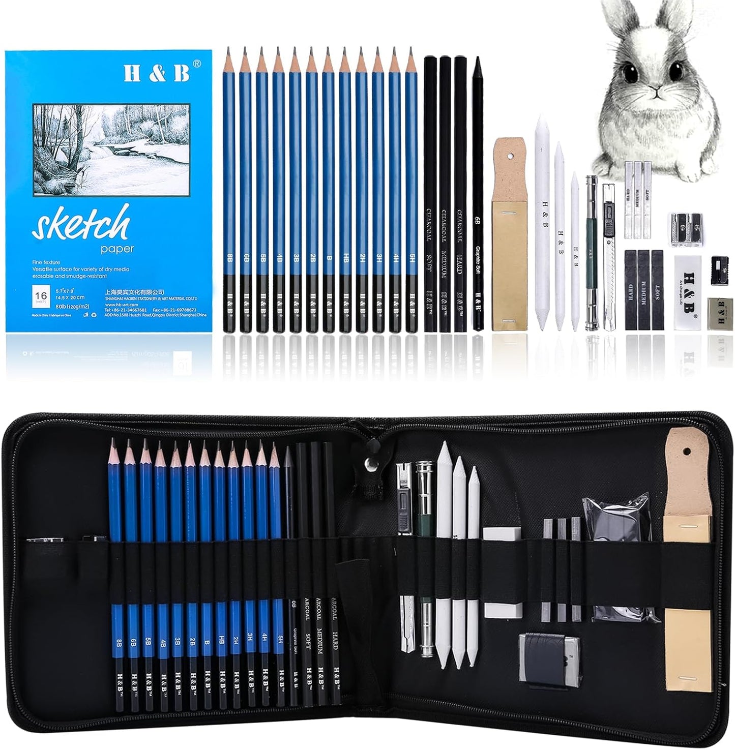 H & B 33 Pieces Drawing Pencils Set, Sketching Pencils Set & Drawing Kit, Includes Sketch Pad, Graphite Pencils, Charcoal Sticks and Eraser, Supplies for Artists/Beginner/Adults