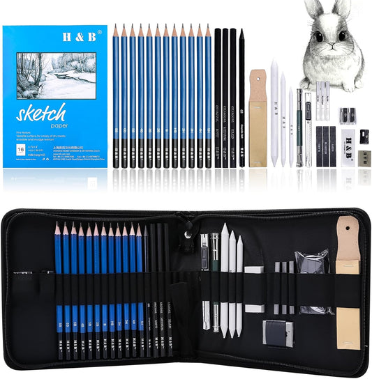 H & B 33 Pieces Drawing Pencils Set, Sketching Pencils Set & Drawing Kit, Includes Sketch Pad, Graphite Pencils, Charcoal Sticks and Eraser, Supplies for Artists/Beginner/Adults