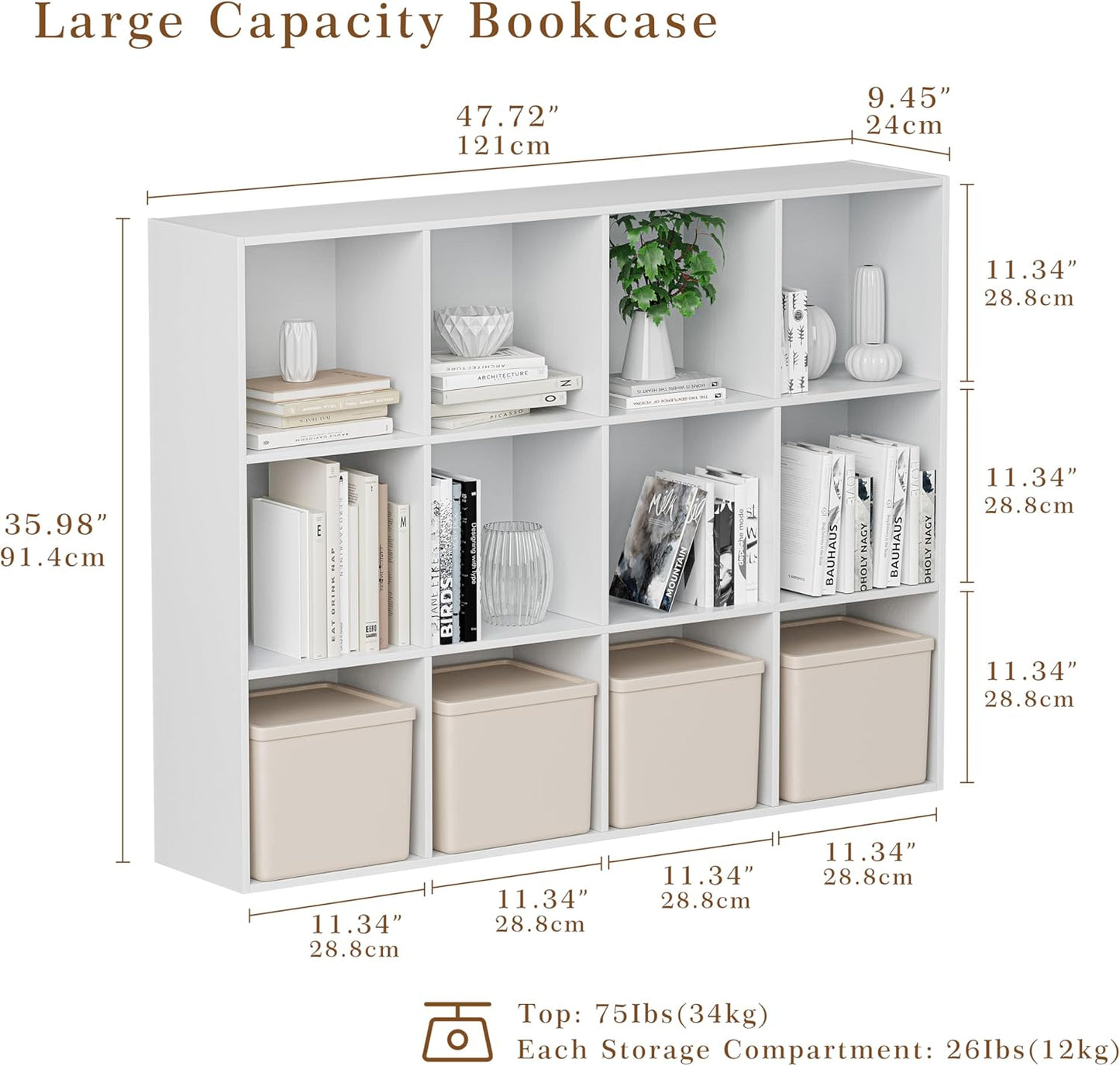 Wooden Cube Storage Organizer with Closed Back Panel, 11in Cube Shelf Opening, Bookshelf, Display Shelf,Closet Cabinet for Home and Office (Embossed White, 12-Cube 35.98L*9.45W*47.72H)