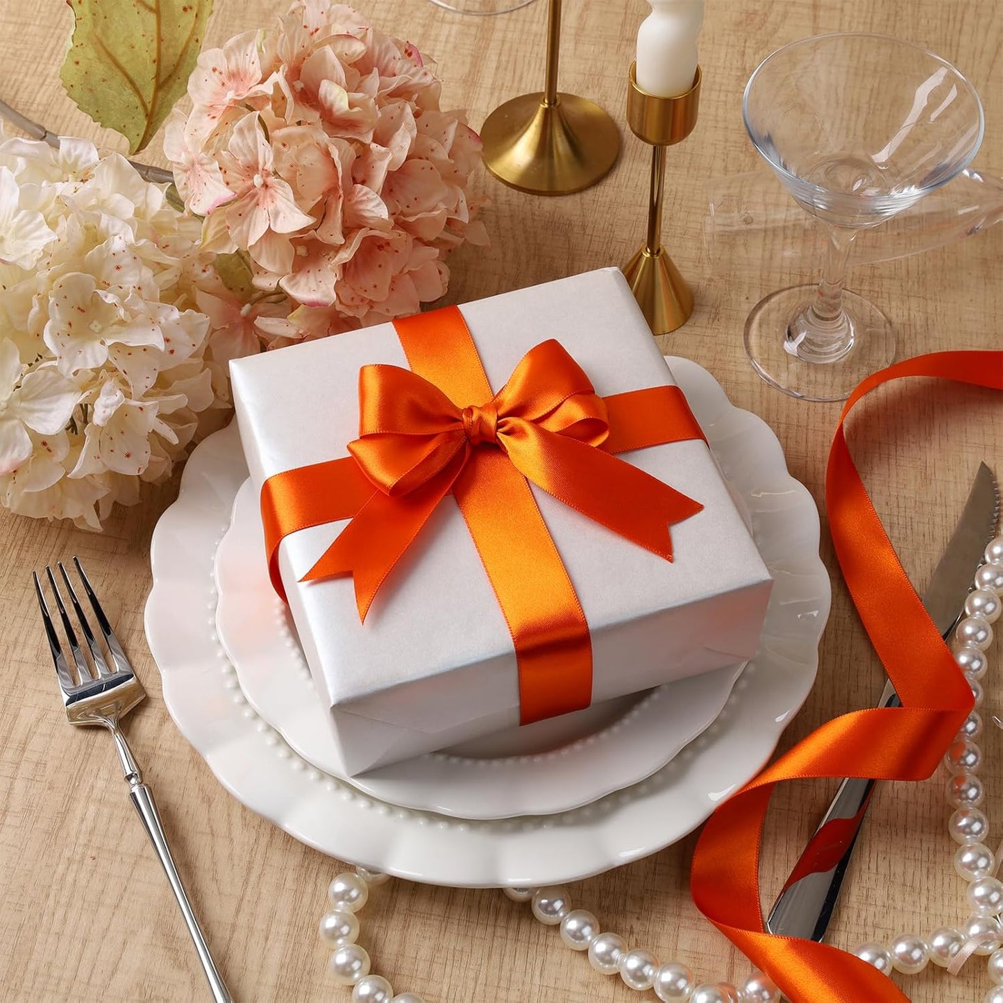 LaRibbons Orange Satin Ribbon 1 Inch 50 Yards Luxury Double Faced Russet Orange Silk Ribbon for Flower Bouquet Crafts Gift Wrapping Wedding Fall Decoration