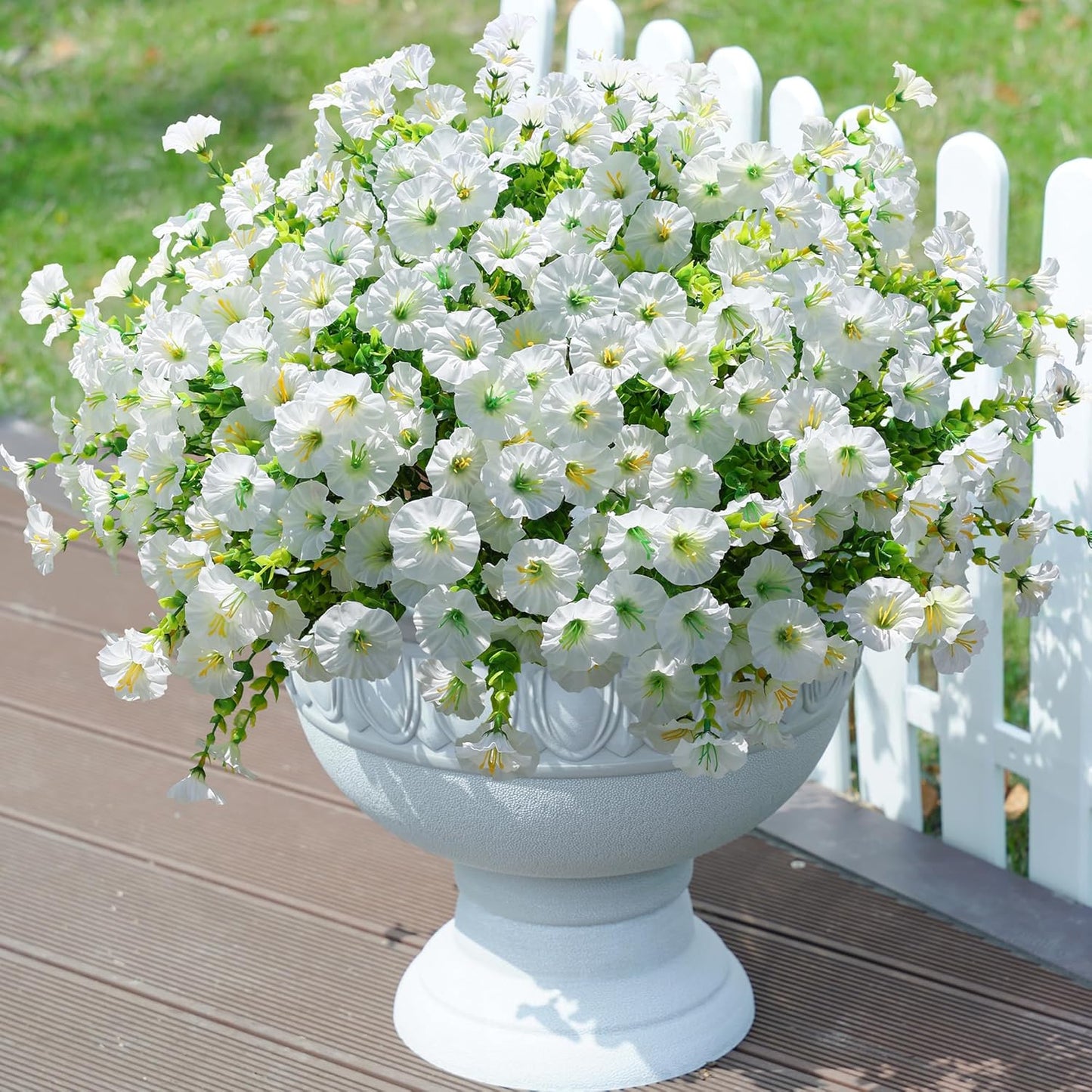 Artificial Flowers Fake Plants for Outdoors Decoration, 12 Bundles White Silk Morning Glory with Eucalyptus Realistic UV Resistant Faux Flowers for Outside Planter Porch Yard Patio Garden Home Indoor