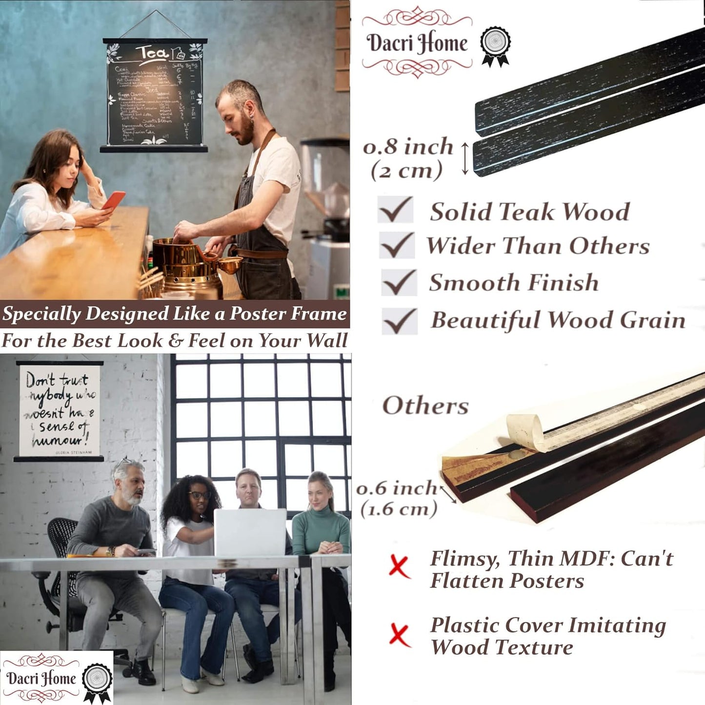 DACRI HOME 17" Magnetic Poster Hanger Frame - Teak Wood Poster Frame, Strong Magnets for Safe Hanging Print Picture Map Wall Art 17x22 17x24 (17 inch, Black)