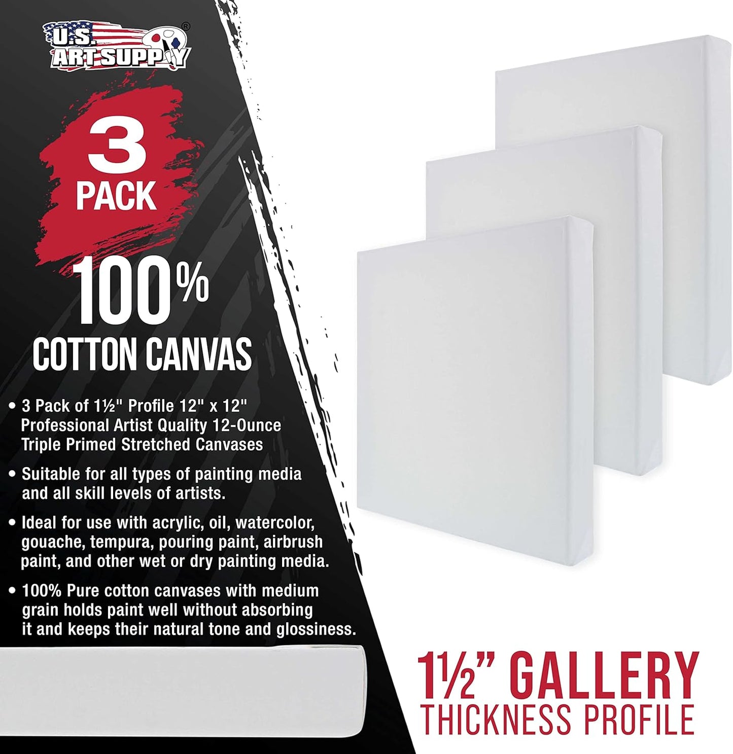U.S. Art Supply Square Stretched Canvas for Painting 12x12 inch Gallery Depth 1-1/2" Thick, 3-Pack - 12oz Acrylic Gesso Triple Primed, Professional Artist Quality, 100% Cotton - Pouring, Oil Paint