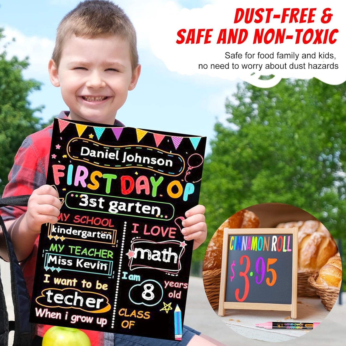 SFAIH 8 Vibrant Liquid Chalk Markers Erasable - Chalk Pens for Blackboard, Calendar, Windows, Glass, Bistro, Stores, Signs, Zero Dust, Non-Toxic, 4.5mm Reversible Tip, With Highlighter Color Markers