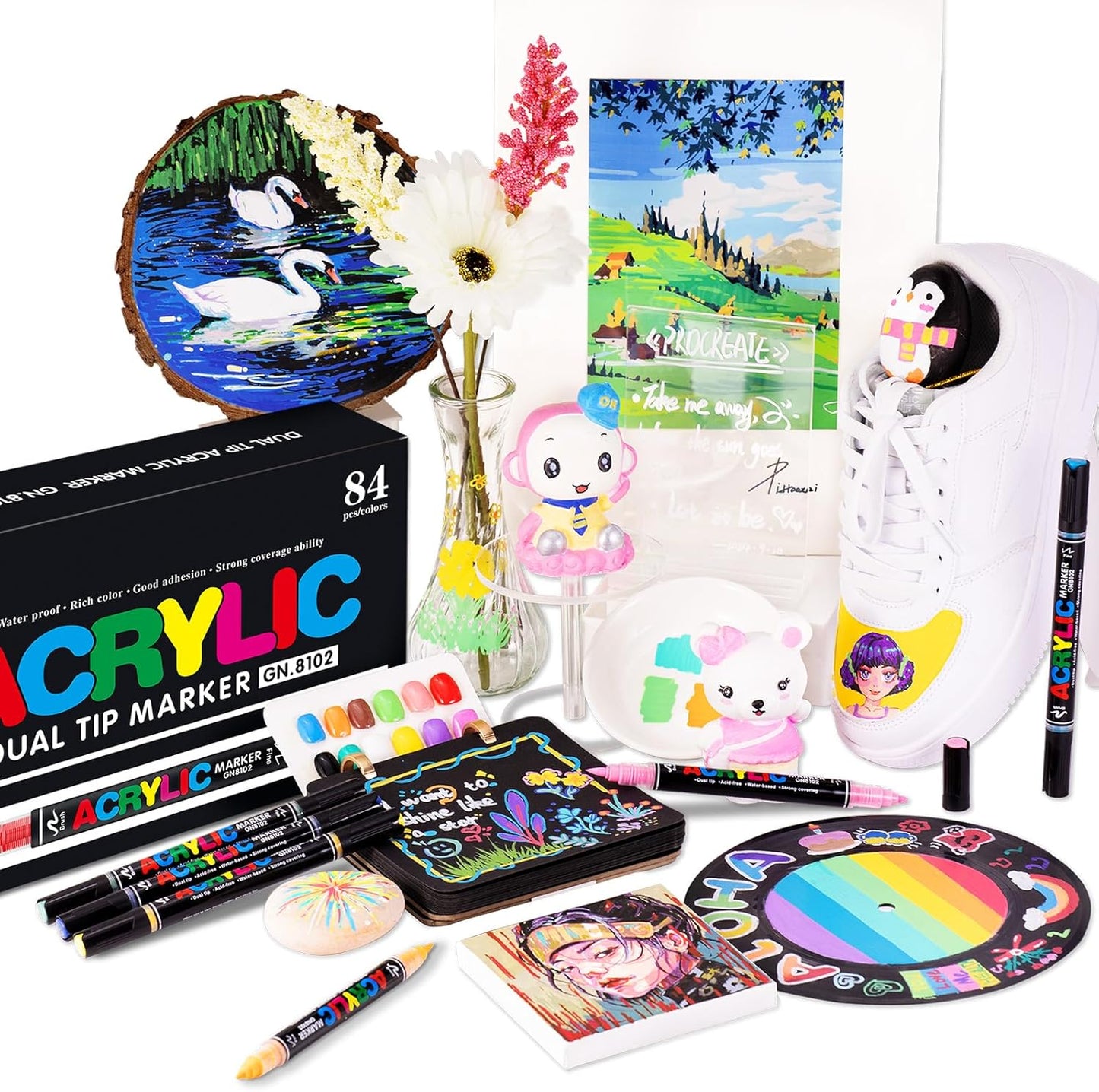 Guangna 36 Colors Acrylic Paint Markers, Dual Tip Paint Markers Pens Set with Soft Brush Tip, Multifunctional Fine Tip Markers for Wood,Canvas,Rock Painting, Glass, Diy Crafts Art Supplies, Waterproof