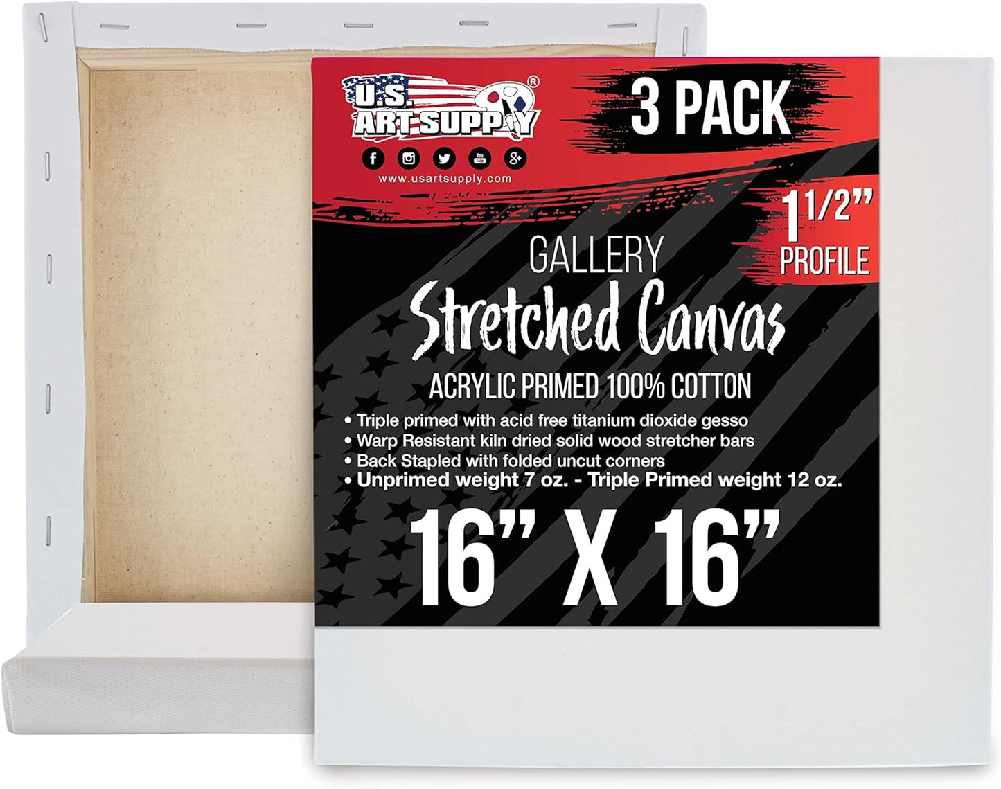 U.S. Art Supply Large Stretched Canvas for Painting 16x16 inch Gallery Depth 1-1/2" Thick, 3-Pack - 12oz Acrylic Gesso Triple Primed, Professional Artist Quality, 100% Cotton - Oil, Pouring Paint