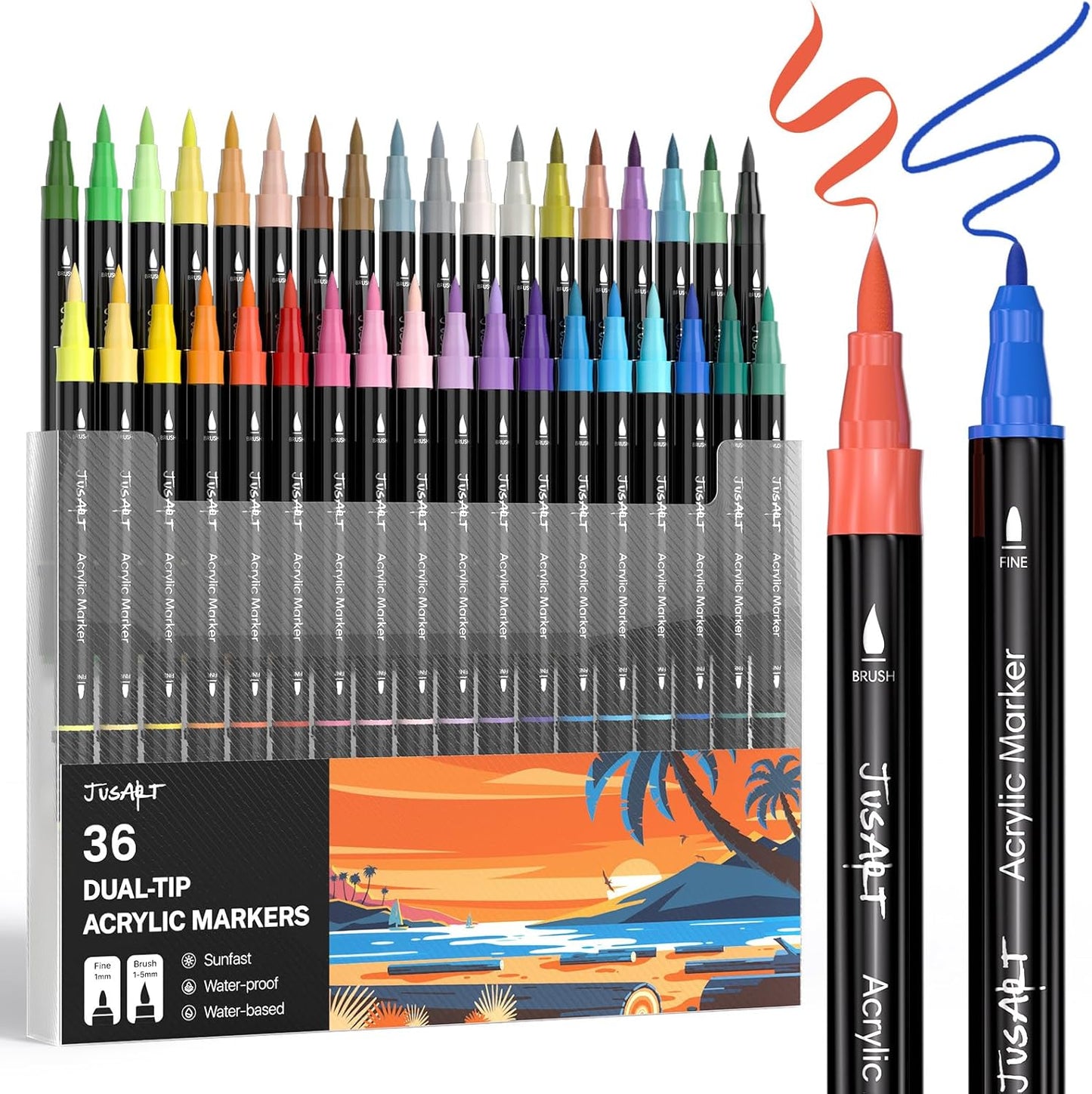 JusArt 36 Colors Dual Tip Acrylic Paint Pens Markers, Brush and Fine Tip, Premium Paint Pens for Wood, Canvas, Egg, Stone, Fabric, Rocks, Metal, Glass, Ceramic, DIY Crafts Making Art Supplies Gifts