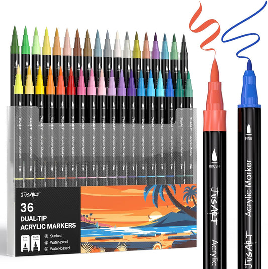 JusArt 36 Colors Dual Tip Acrylic Paint Pens Markers, Brush and Fine Tip, Premium Paint Pens for Wood, Canvas, Egg, Stone, Fabric, Rocks, Metal, Glass, Ceramic, DIY Crafts Making Art Supplies Gifts