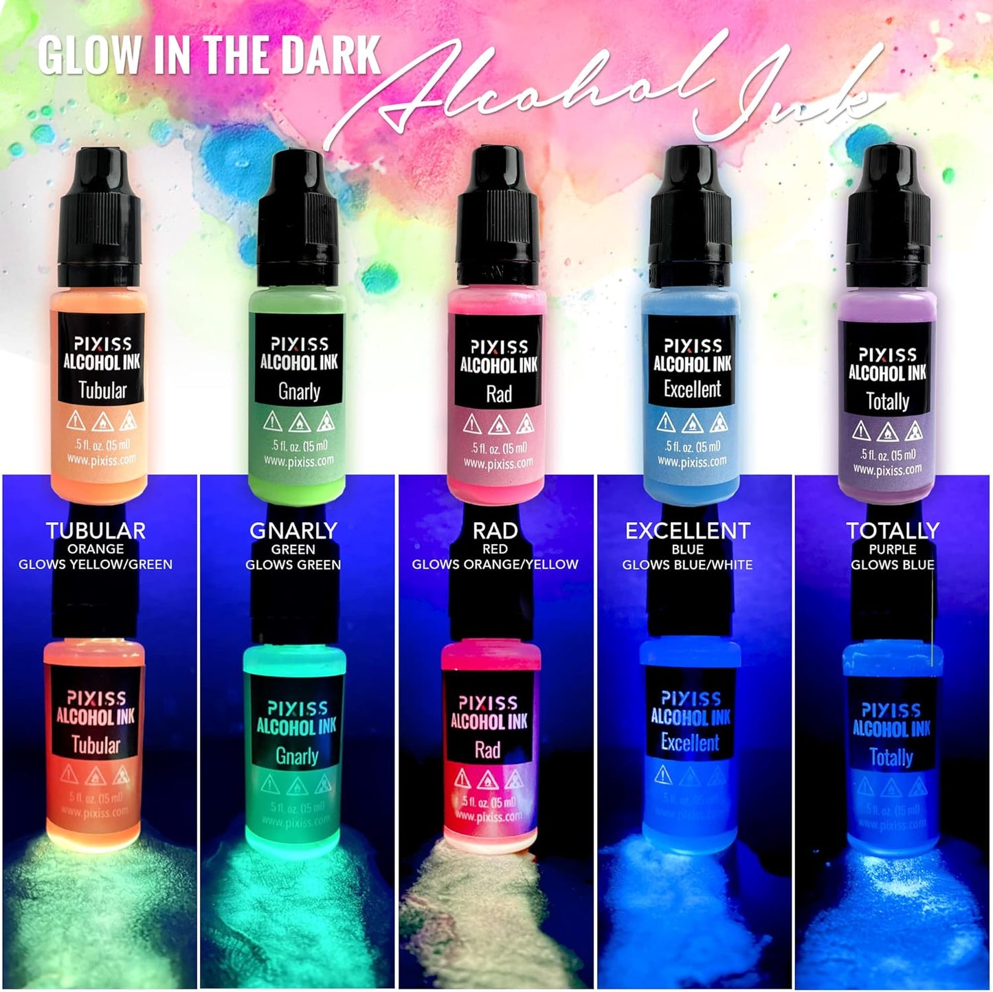 Pixiss Glow in The Dark Alcohol Ink Set - 5 Shades of Brilliantly Glowing Alcohol Ink for Epoxy Resin Supplies, Yupo Paper, Tumblers, Coasters - Resin Colorant for Epoxy Resin and Resin Art Supplies