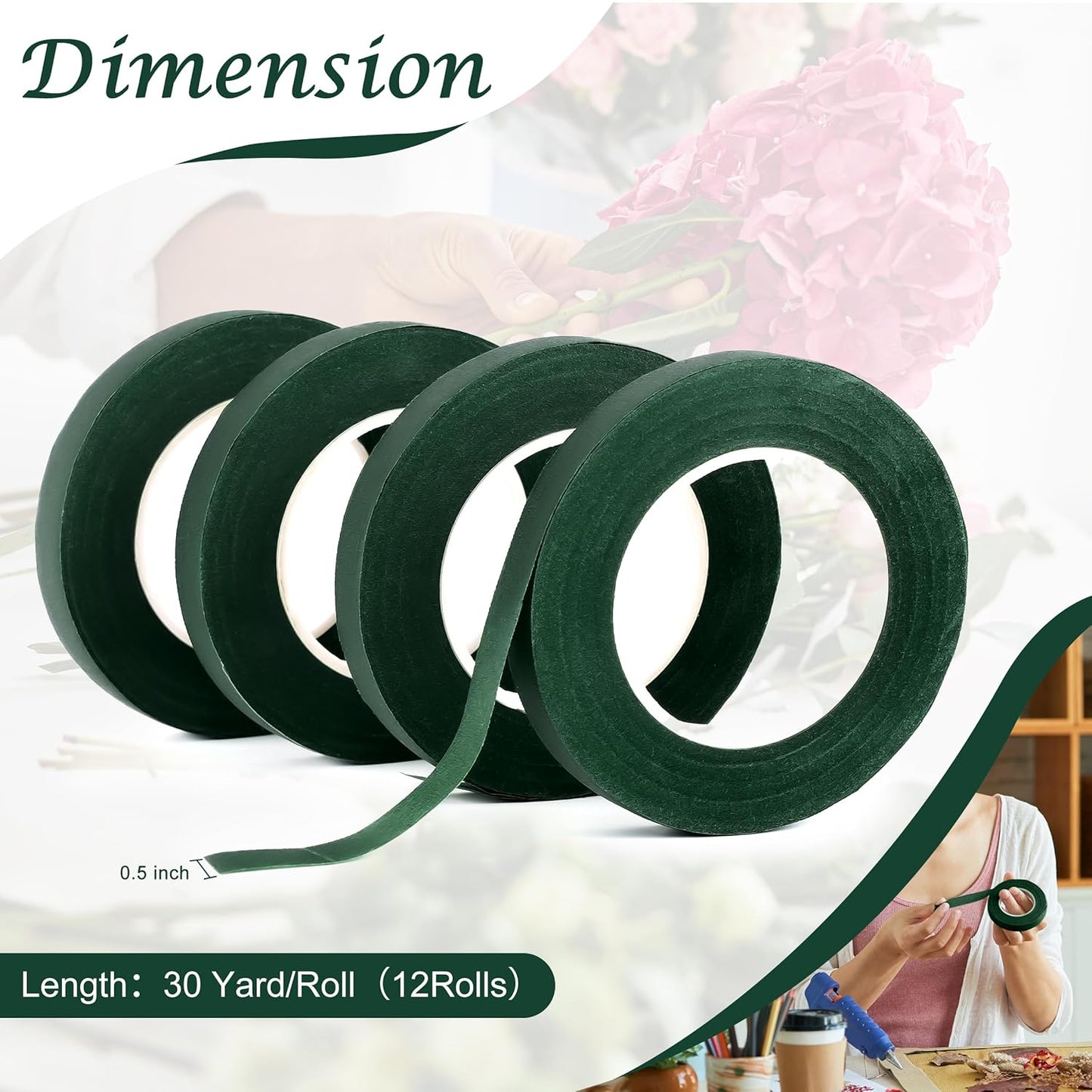 DF DUALFERV 12 Rolls Dark Green Floral Tape Stem Wrap, 1/2" Wide Flower Tape for Bouquets, 30 Yards Floral Tape for Fresh Flowers for Flower Arranging, Wreath Making, Wedding Bouquets