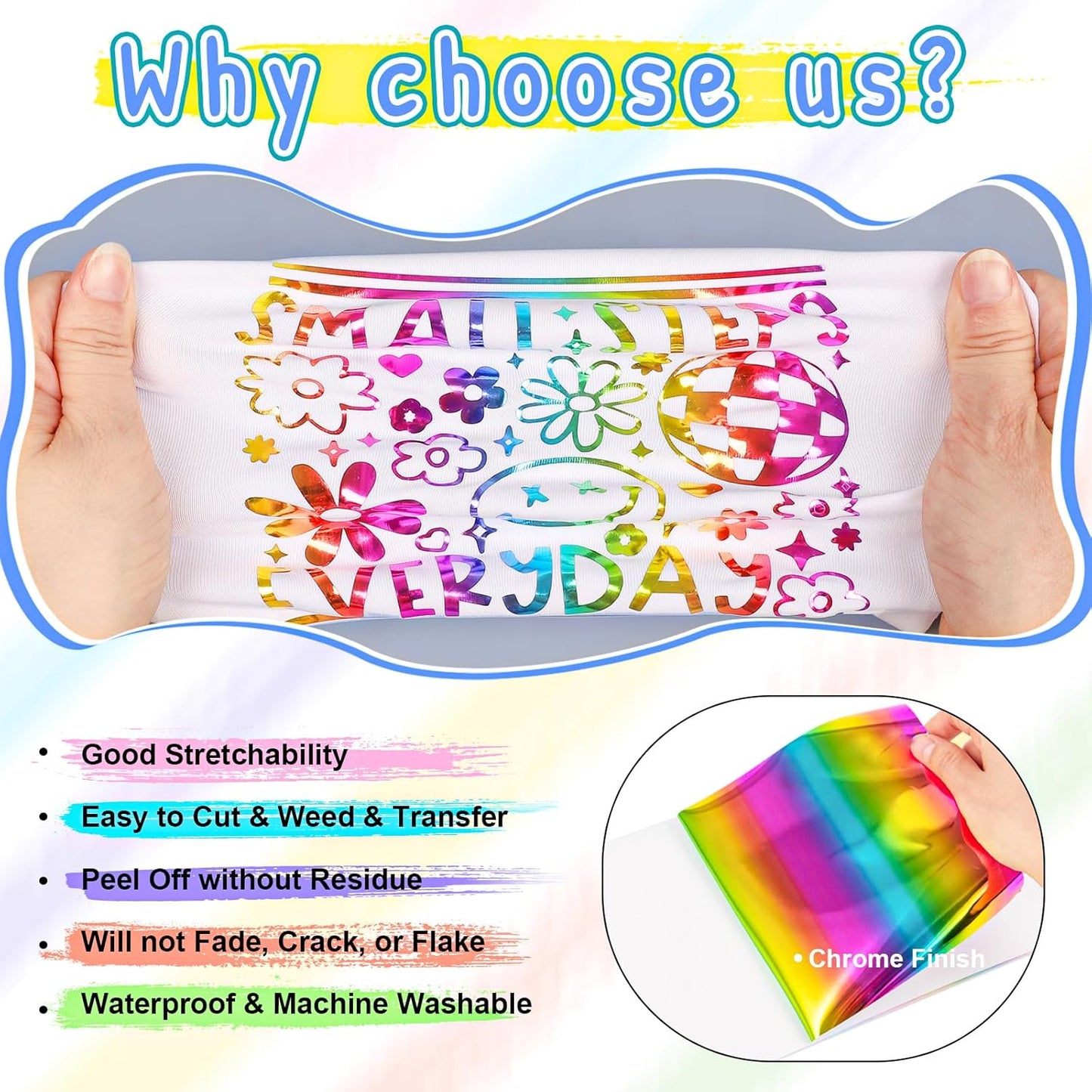 VINYL FROG Metallic Foil HTV Vinyl Roll 12" x12ft Rainbow Chrome Heat Transfer Vinyl Iron on Vinyl Easy to Cut & Weed DIY Heat Press Design for T-Shirts