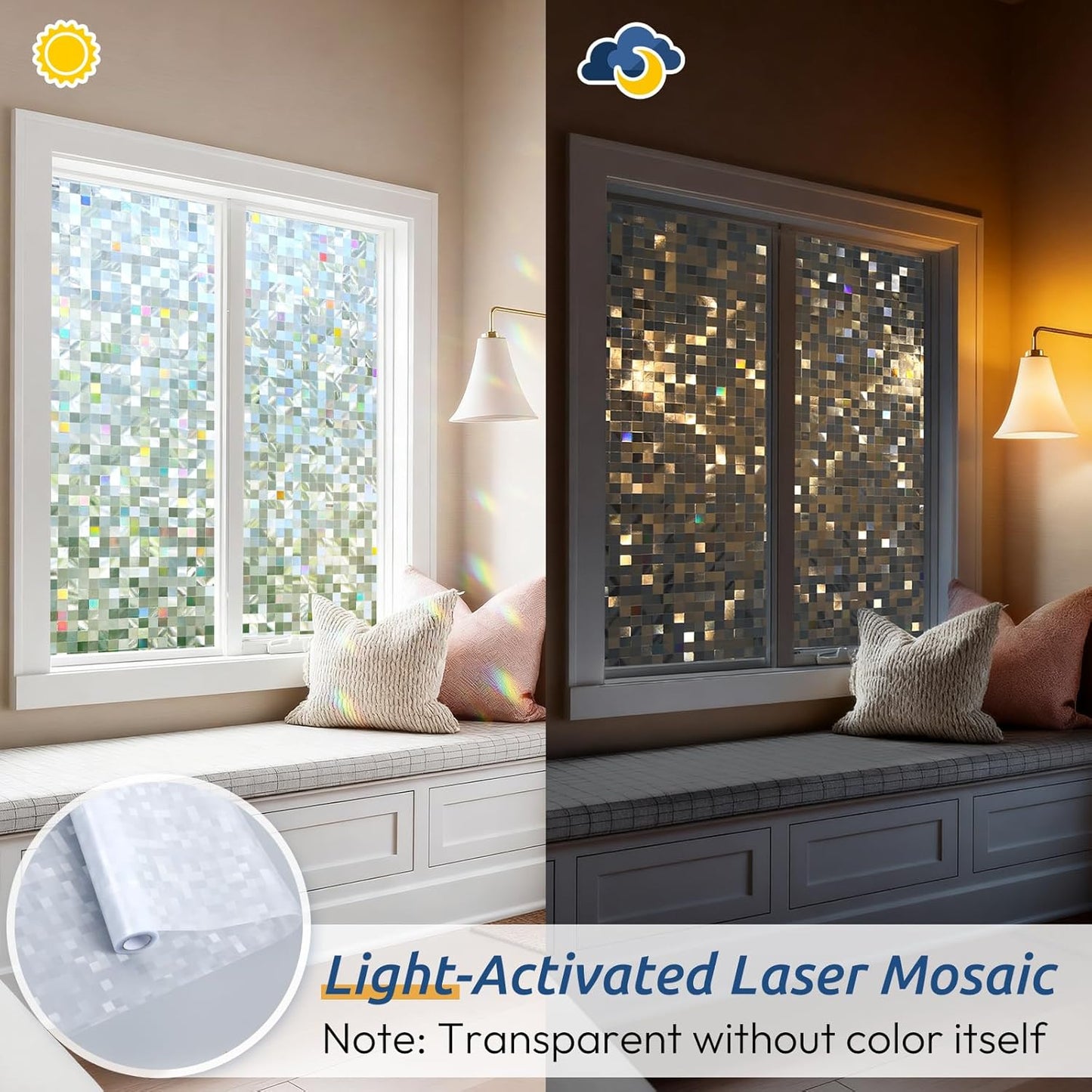 rabbitgoo Stained Glass Window Privacy Film Mosaic Pattern, Frosted Glass Window Film Rainbow Decorative Sticker, Static Cling UV Blocking Suncatcher for Home, 17.5 x 157.4 Inches