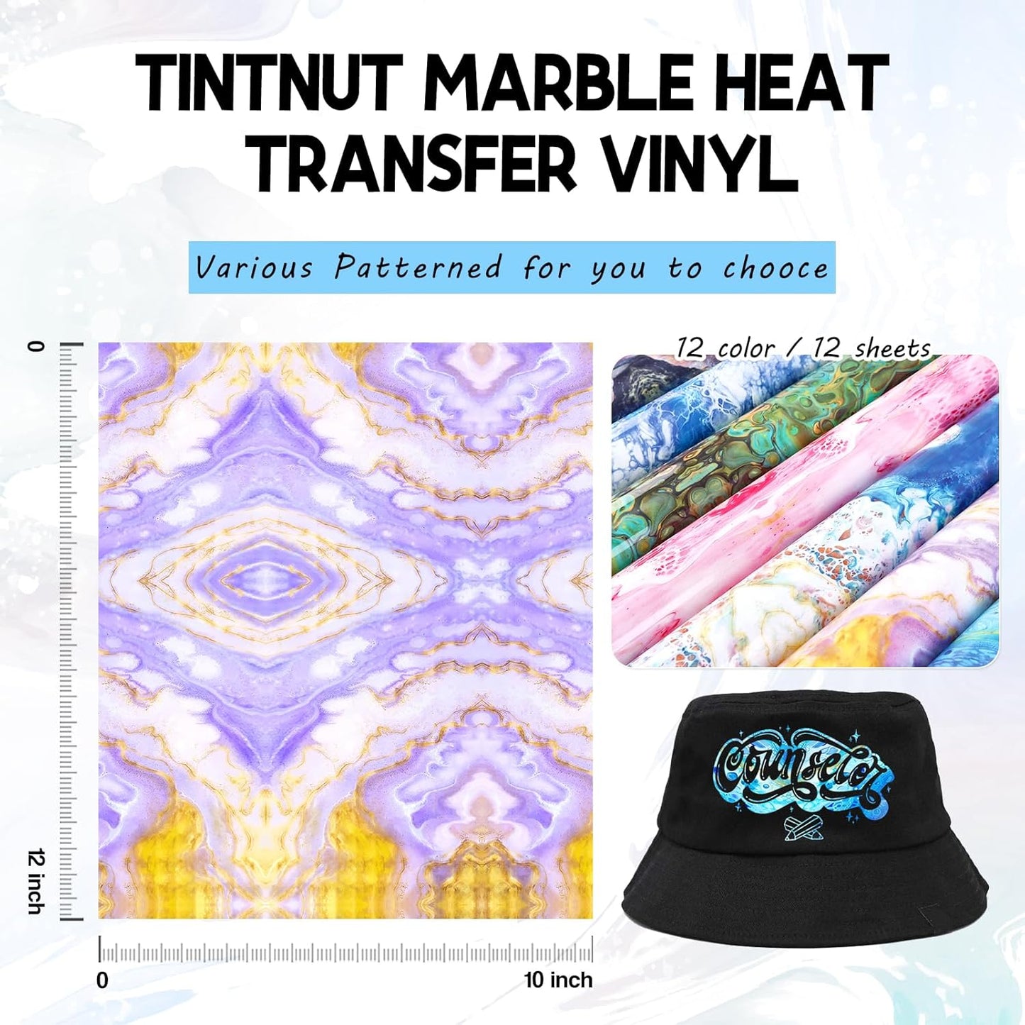 Tintnut Liquid Marble HTV Vinyl - 12 Sheets 10 x 12 Inch Watercolor Marble Heat Transfer Vinyl Pattern HTV Iron on Vinyl T-Shirts DIY Compatible with Cricut or Silhouette Cameo