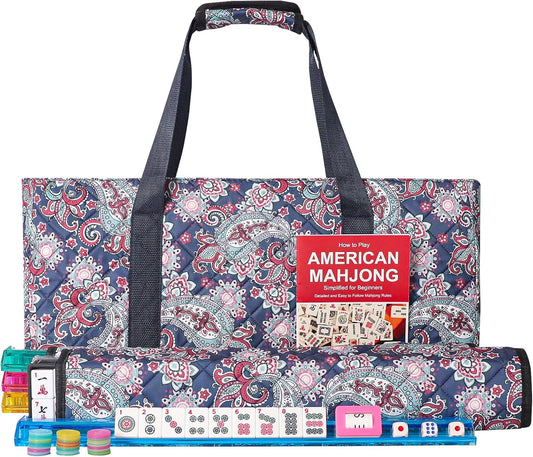 American Mahjong Game Set, 166 White Tiles, 4 All-in-One Color Rack/Pushers, Complete Mahjong Tile Set, Printed Carrying Bag