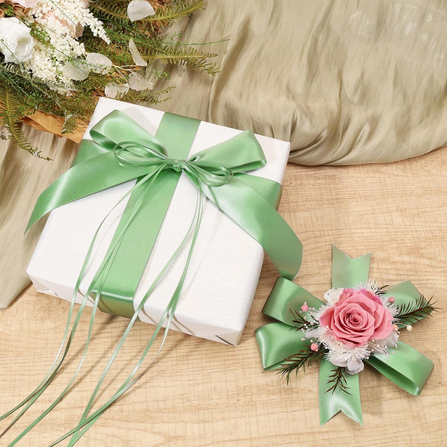 LaRibbons Sage Green Satin Ribbon 1 1/2 Inch 50 Yards Luxury Double Faced Green Silk Ribbon for Flower Bouquet Crafts Gift Wrapping Wedding Decoration