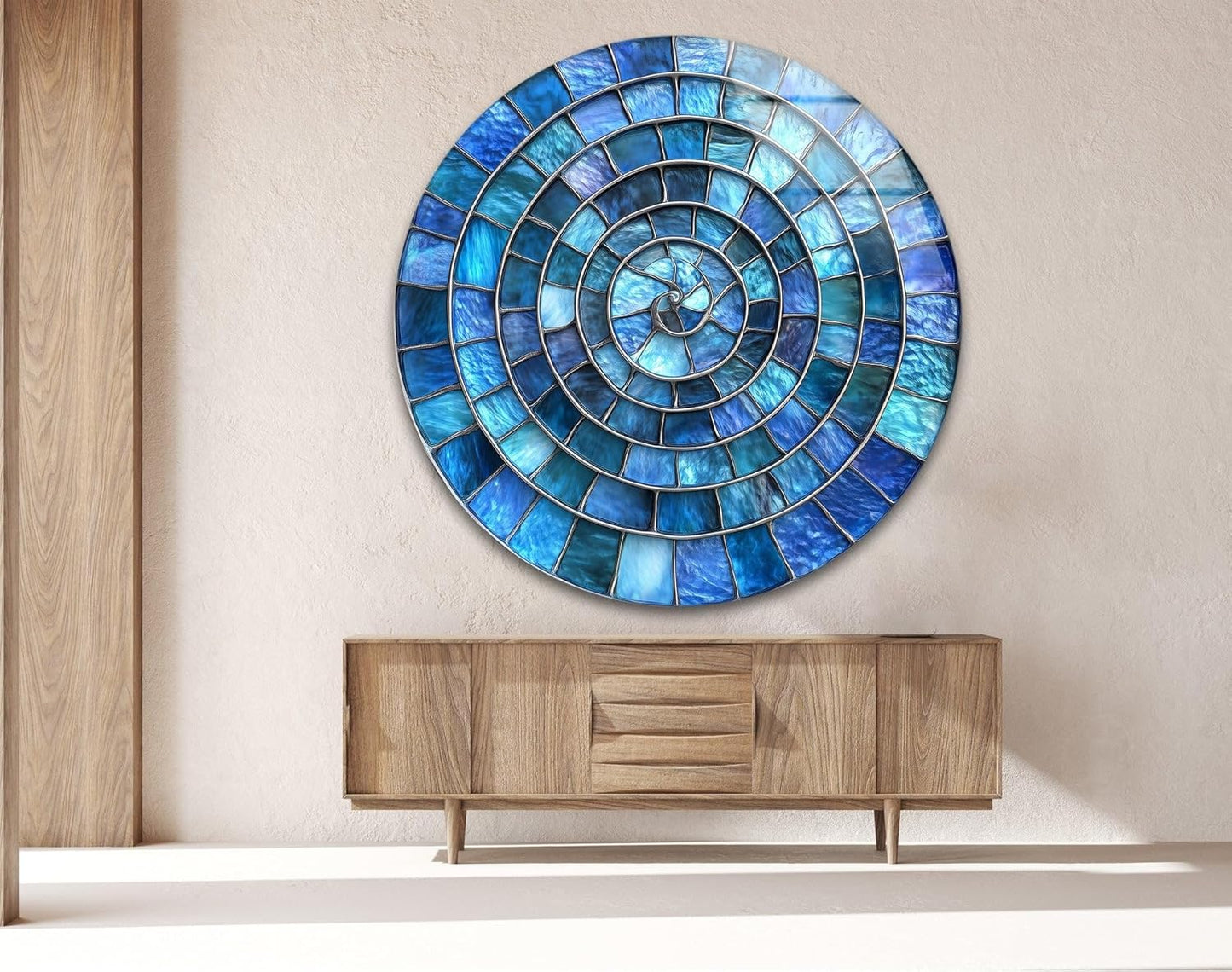 My Photostation.com 31.5''(80cm) Diameter Blue Aqua Spiral Harmony Round Glass Wall Art Tempered Glass Printing Wall Decor Large Wall Art Wall Hangings