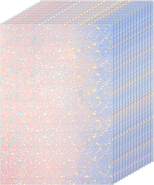 36 Sheets Holographic Sticker Paper Clear A4 Vinyl Sticker Paper Self Adhesive Waterproof Transparent Film Gem Rainbow Star Patterns, 11.7 x 8.3 Inch (Star)