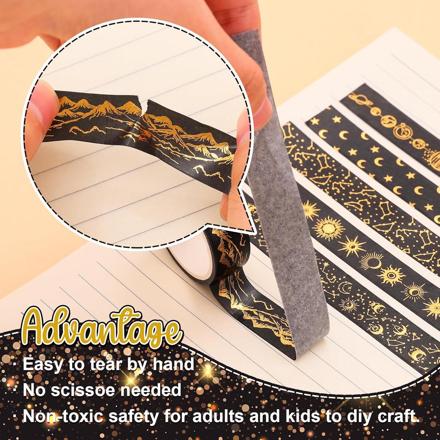 Whaline 12 Rolls Gold Foil Galaxy Washi Tape Black Gold Sun Moon Star Masking Tape Set Decorative Wrapping Paper Tapes for Scrapbook Journal DIY Art Crafts