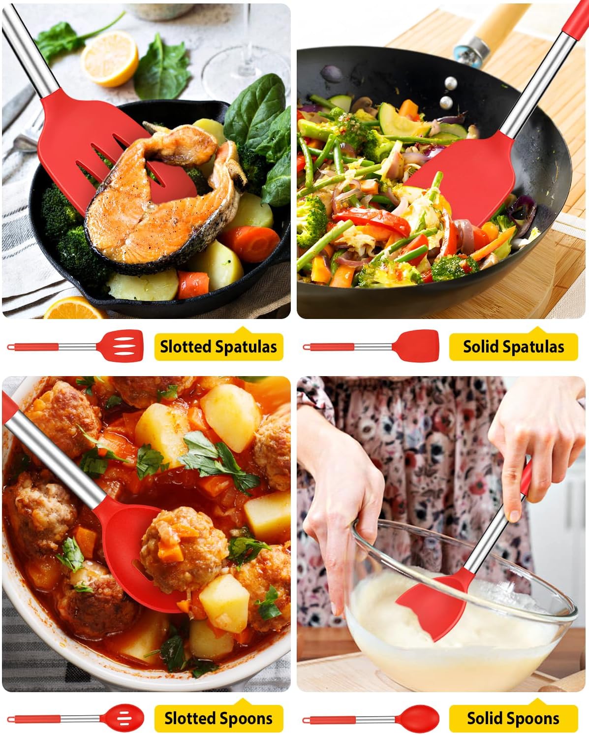 Pack of 4 Silicone Cooking Utensils Set, Non Stick Large Solid Spatulas, Heat Resistant Slotted Spoons, Ideal BPA Free Kitchen Turners for Frying, Mixing,Serving,Draining,Turning,Stirring (RED)