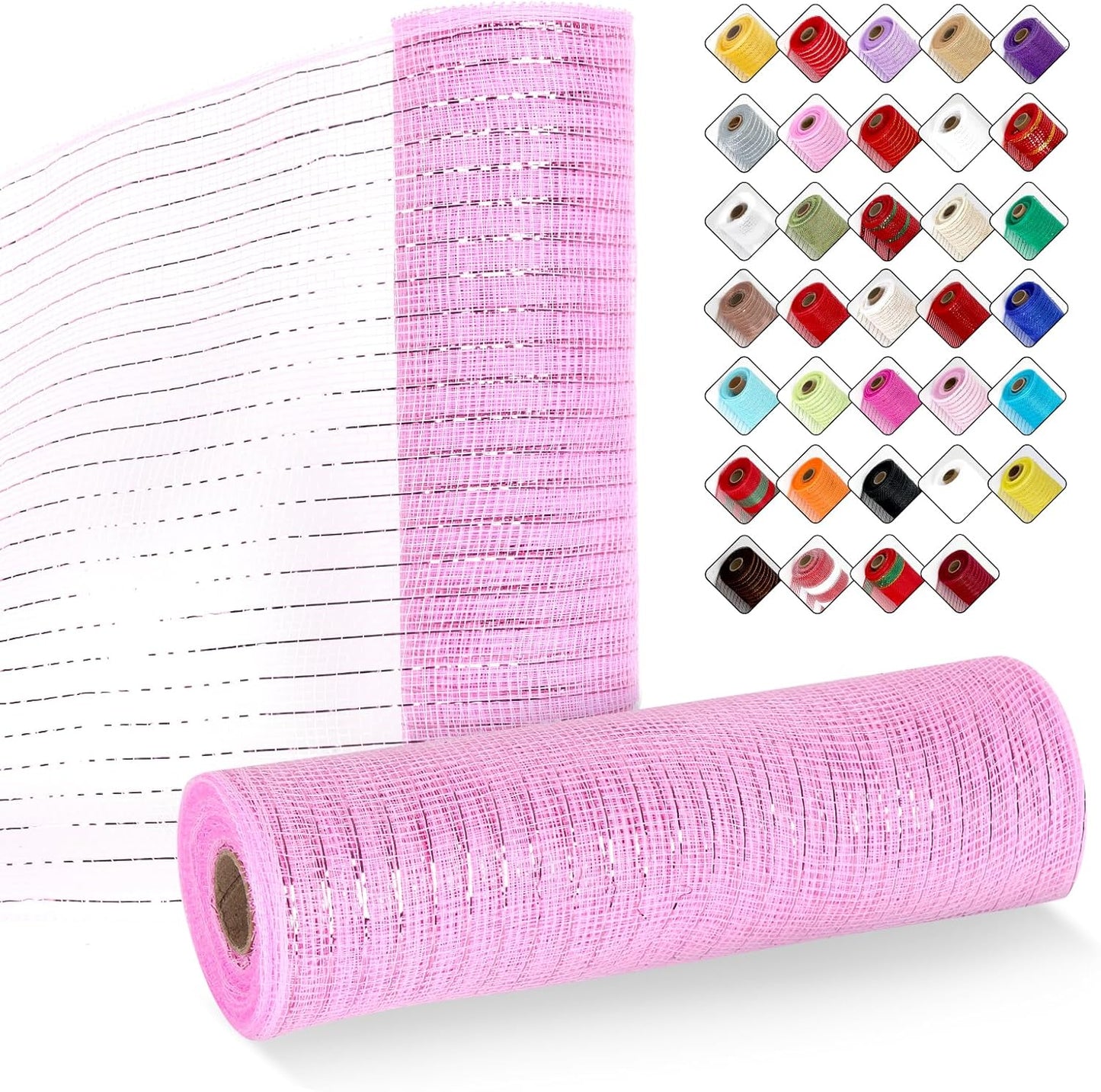 2 Rolls Mesh Ribbon for Wreaths 10 Inch x 30 Foot Wreath Mesh Rolls with Metallic Foil for Easter Christmas Party Wedding Home Decor DIY Craft Projects and Gift Wrapping (Pink)
