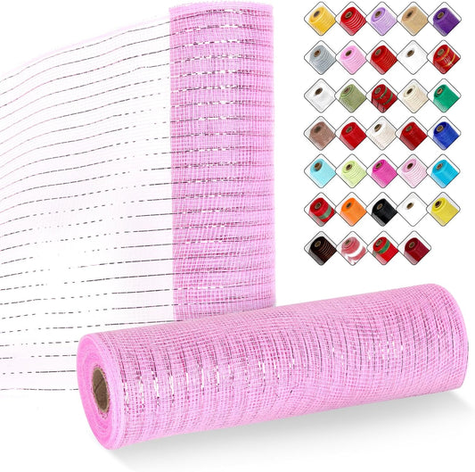 2 Rolls Mesh Ribbon for Wreaths 10 Inch x 30 Foot Wreath Mesh Rolls with Metallic Foil for Easter Christmas Party Wedding Home Decor DIY Craft Projects and Gift Wrapping (Pink)