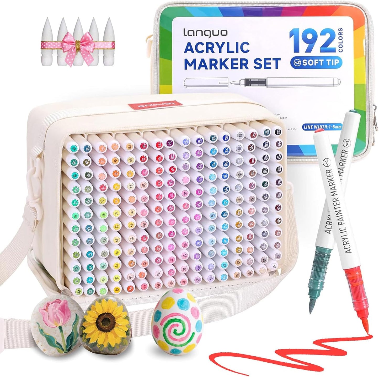 192 Color Acrylic Paint Markers Set – Brush Tips, Quick Dry Permanent Markers for Rock, Egg, Wood, Fabric, Glass, DIY Crafts, Waterproof Fabric Paint Marker for Adult Coloring Books No Bleeding