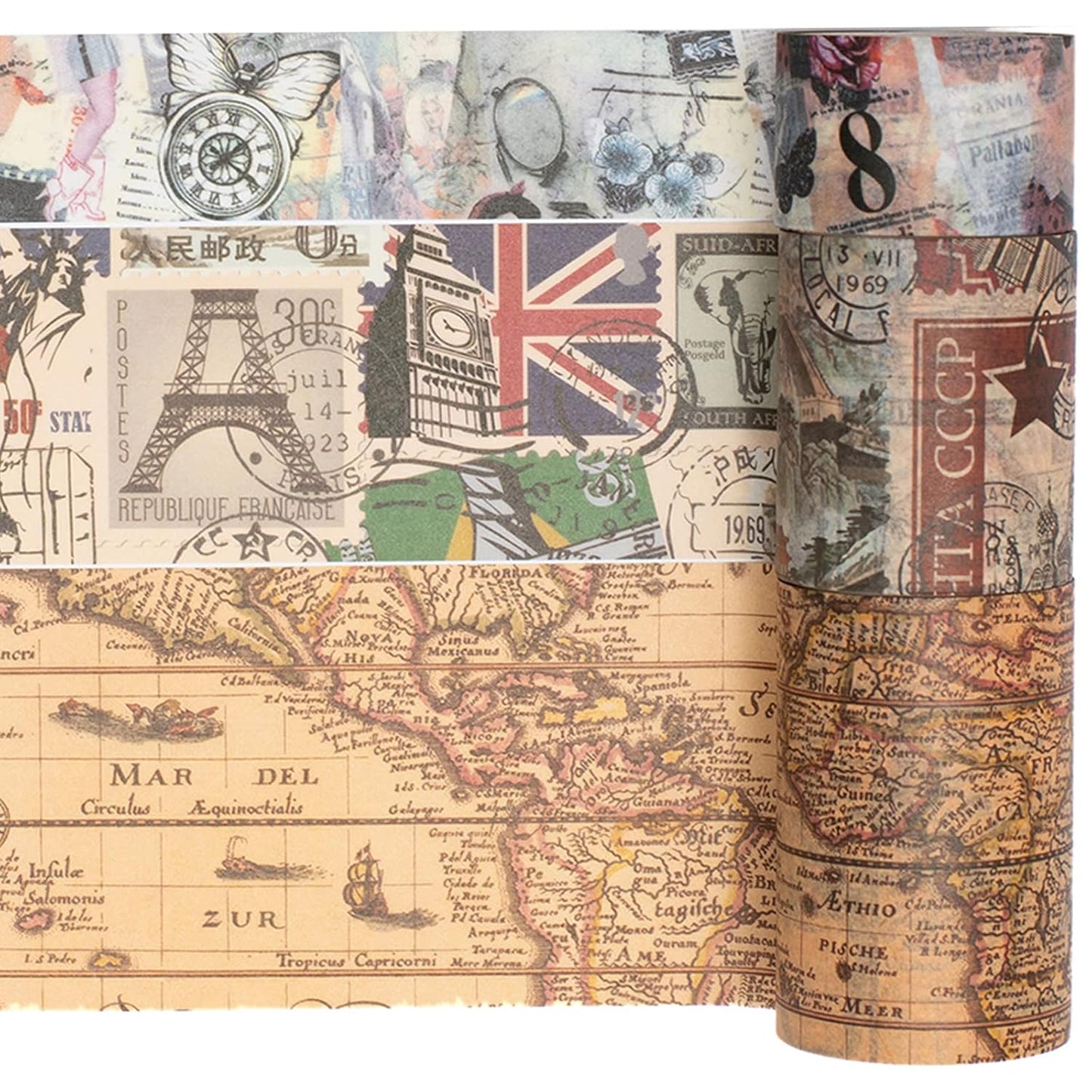 YUBX Vintage Washi Tape Set 10 Rolls Wide Decorative Antique Map Stamp Newspaper Masking Tapes for Arts, DIY Crafts, Journals, Planners, Scrapbook, Wrapping 9/16'', 13/16'', 1'', 1 3/4'', 2 3/8''