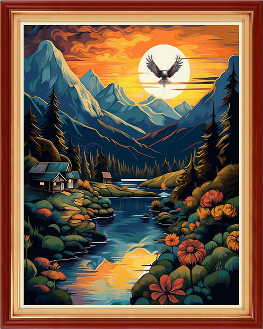 Foxdiviy Sunset Scenery 16x20 inch 11CT Embroidery Patterns Art Crafts DIY Needlepoint Kits for Beginners Adults Kids