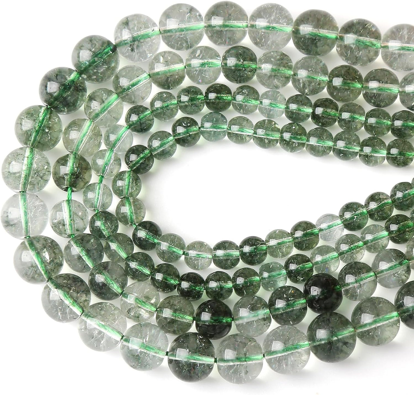 60PCS 6MM Green Crackle Phantom Ghost Crystal Beads for Jewelry Making DIY Bracelet Necklace Accessories 15" Energy Healing Power Stone Beads