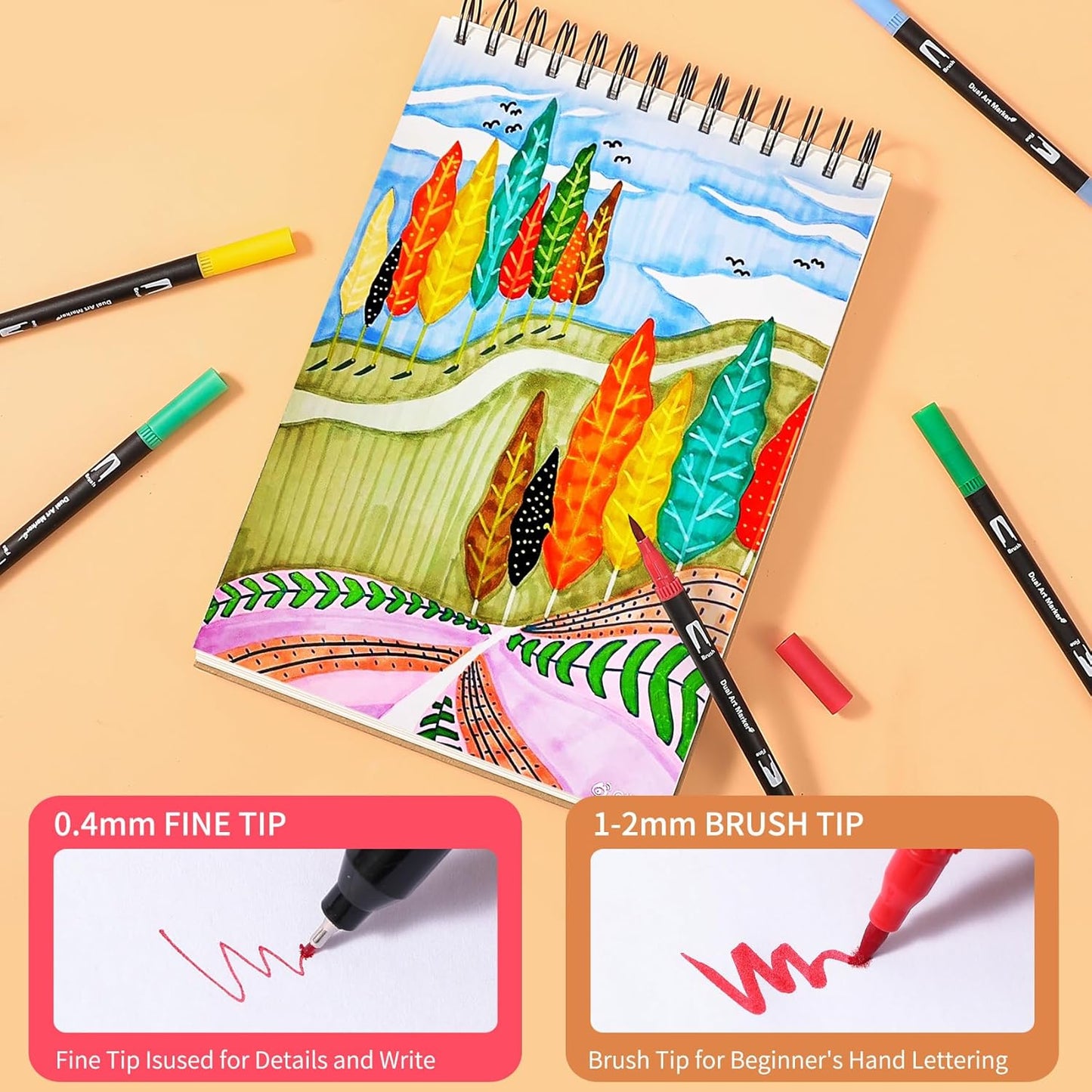 Dual Tip Markers, Double Brush Art Markers Set with Fine Tip and Brush Tip for Adult Coloring Book, Hand Lettering, Calligraphy & Drawing, Art Supplies Kit for Kids and Adults (120 Colors)