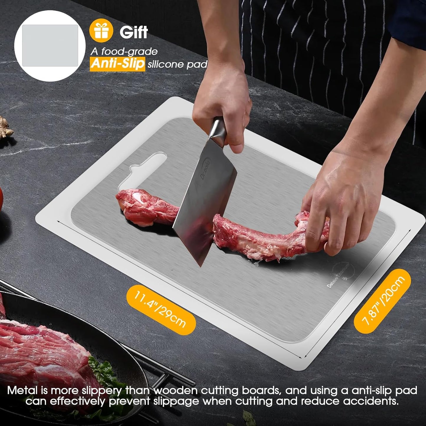 100% Pure Titanium Cutting Board for Kitchen 2mm Thickened, Easy to Clean, Dishwasher Safe, Double-Sided Chopping Board for Meat, Veggies, Fruits, Camping, Housewarming Gift (11.4" x 7.87")