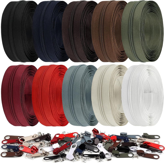 DOITEM 31 Yards 10 PCS Sewing Zippers #3 Nylon Coil Zippers Assorted Zipper for Sewing with 40 Zipper Sliders for DIY Tailor Sewing Crafts Supplies, 10 Colors