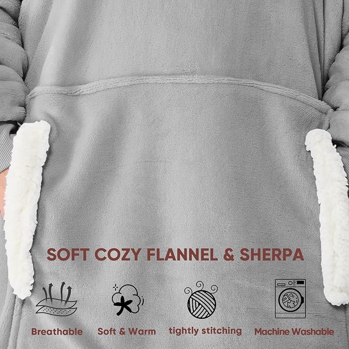 yescool Wearable Blanket Hoodie, Flannel Sherpa Fleece Blanket Sweatshirt for Adults Women Men,One Size Fits All
