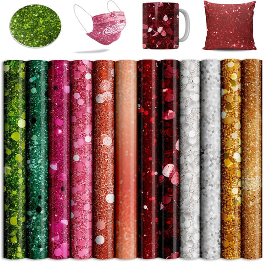 Glitter Sublimation Transfer Sheets for Heat Press Machine,Green P Gold Sublimation Paper for Tumblers Blanks Tshirts,12 Sheets 12x12inch