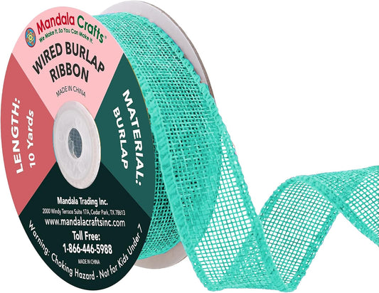 Mandala Crafts Turquoise Burlap Wired Ribbon 1.5 Inches Wide Jute Ribbons for Crafts - 10 Yds Roll Rustic Burlap Wrap Trim Ribbons for Wreaths Bows Party Decoration