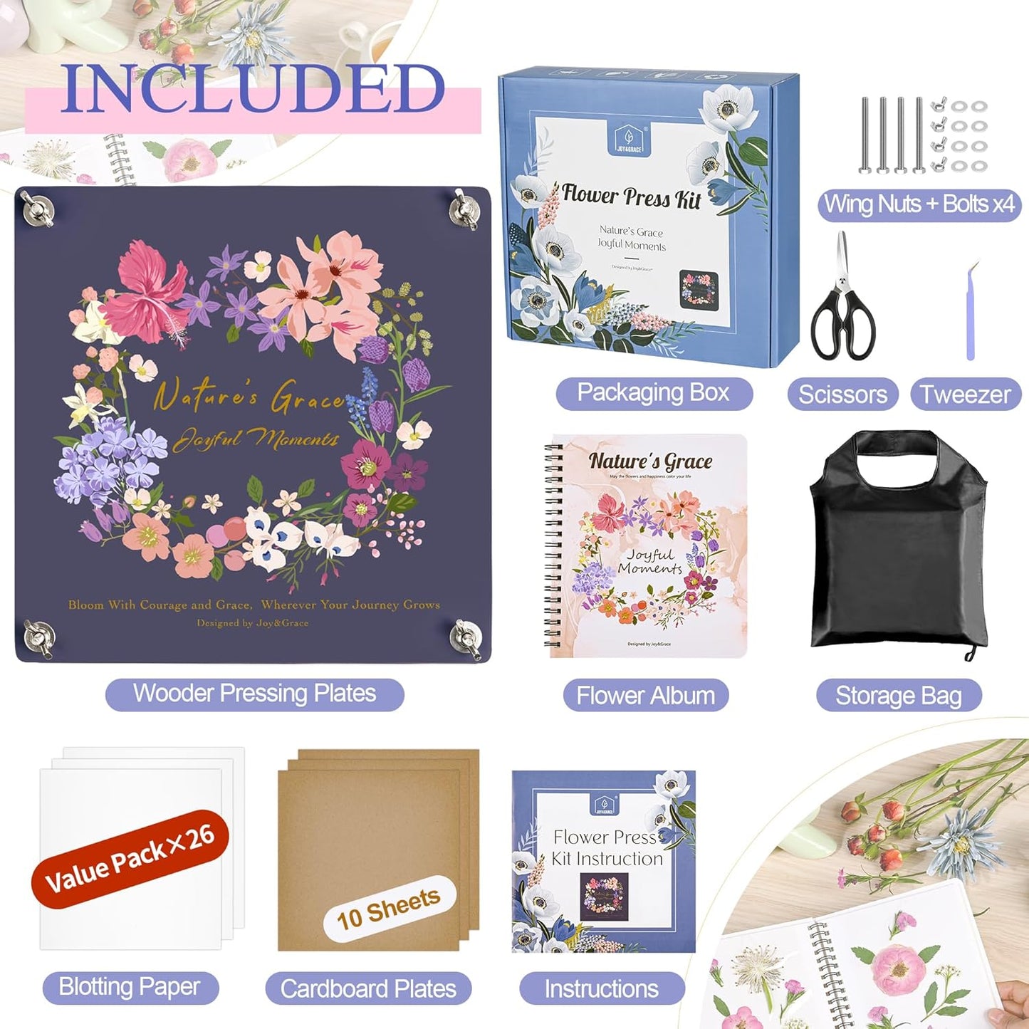 Joy&Grace Flower Press Kit for Adults & Kids, with Designed Cover and DIY Album, 10.9" x 10.9" 10 Layers Flower Preservation Kit, Plant Press and Large Plant Drying Toolkit (Color Box, Purple Navy)