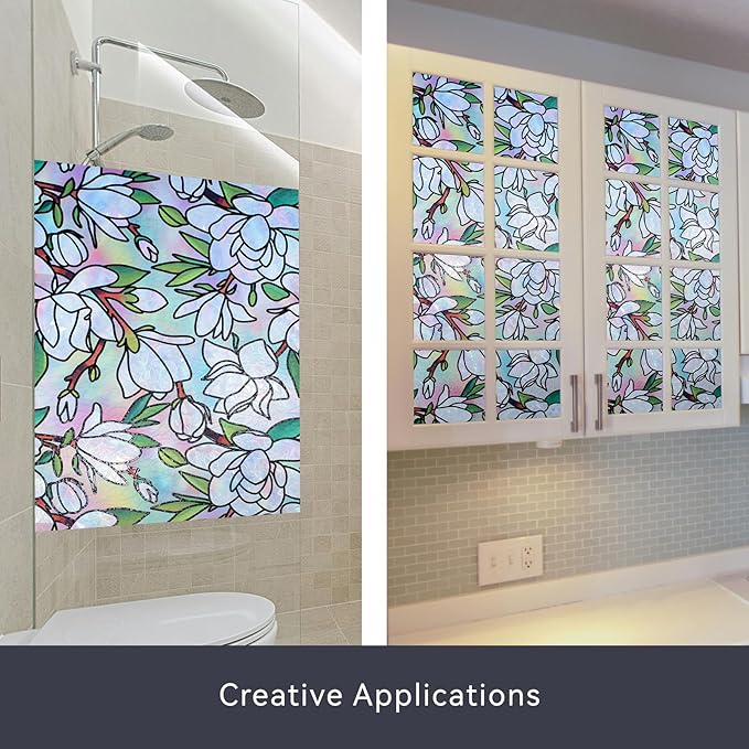 DKTIE Magnolia Pattern Stained Glass Window Film Floral Decorative Window Privacy Film with Rainbow Effect Front Door Bathroom Room Decor (S678, 17.7in X 78.7in)