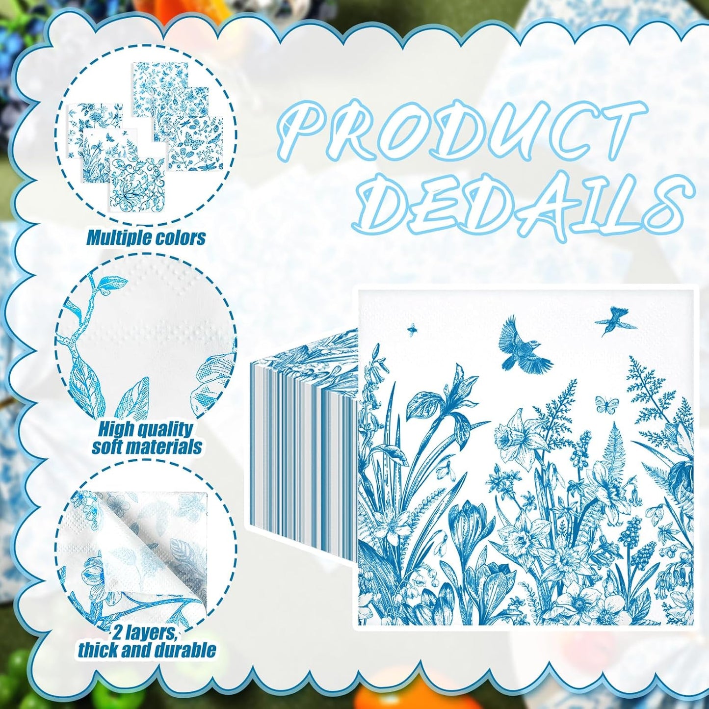 150 Pcs Blue Floral Cocktail Napkins 10 x 10 Inch 6 Styles Assorted Blue Flower Paper Disposable Napkins for Decoupage Home and Kitchen Bridal Baby Shower Tea Party Garden Party Birthday