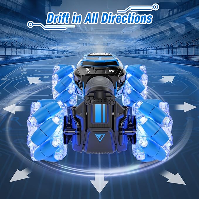 Gesture RC Car, Gesture Sensing RC Stunt Car Toys with Lights & Dance for Kids 6-12 yr, 2.4GHz 4WD Hand Remote Control with Lights Music, Off-Road 360° Rotation Drift for Birthday Toy Gifts-(BLUE)