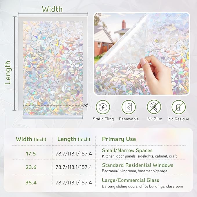 LUTE Window Privacy Film, Rainbow Window Film, 3D Decorative Stained Glass Cling, Non-Adhesive Vinyl Static Cling Removable Glass Stickers, Sun UV Blocking Decal Covering for Home, 17.5 x 157.4 inches