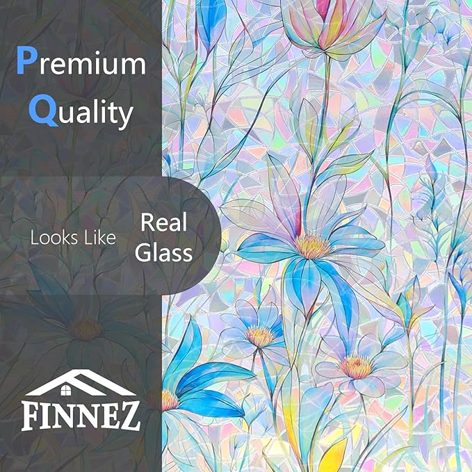FINNEZ Window Privacy Film Stain Glass Film Flowers Rainbow Window Film Window Clings Non-Adhesive Reusable Decorative for Home（Blue Lotus，17.5 Inch x 6.5 Feet）