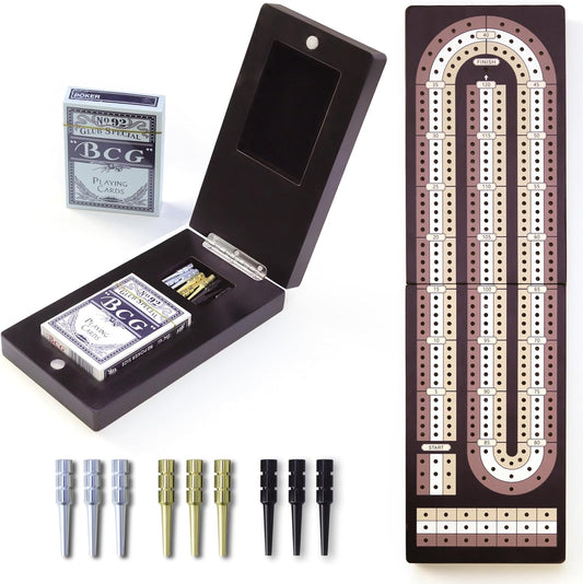 Cribbage Board Game Set - Wooden Foldable 3-Track Board with Magnetic Closure, 9 Metal Pegs, Playing Cards, Portable Family Travel Game for Gatherings and Gifts