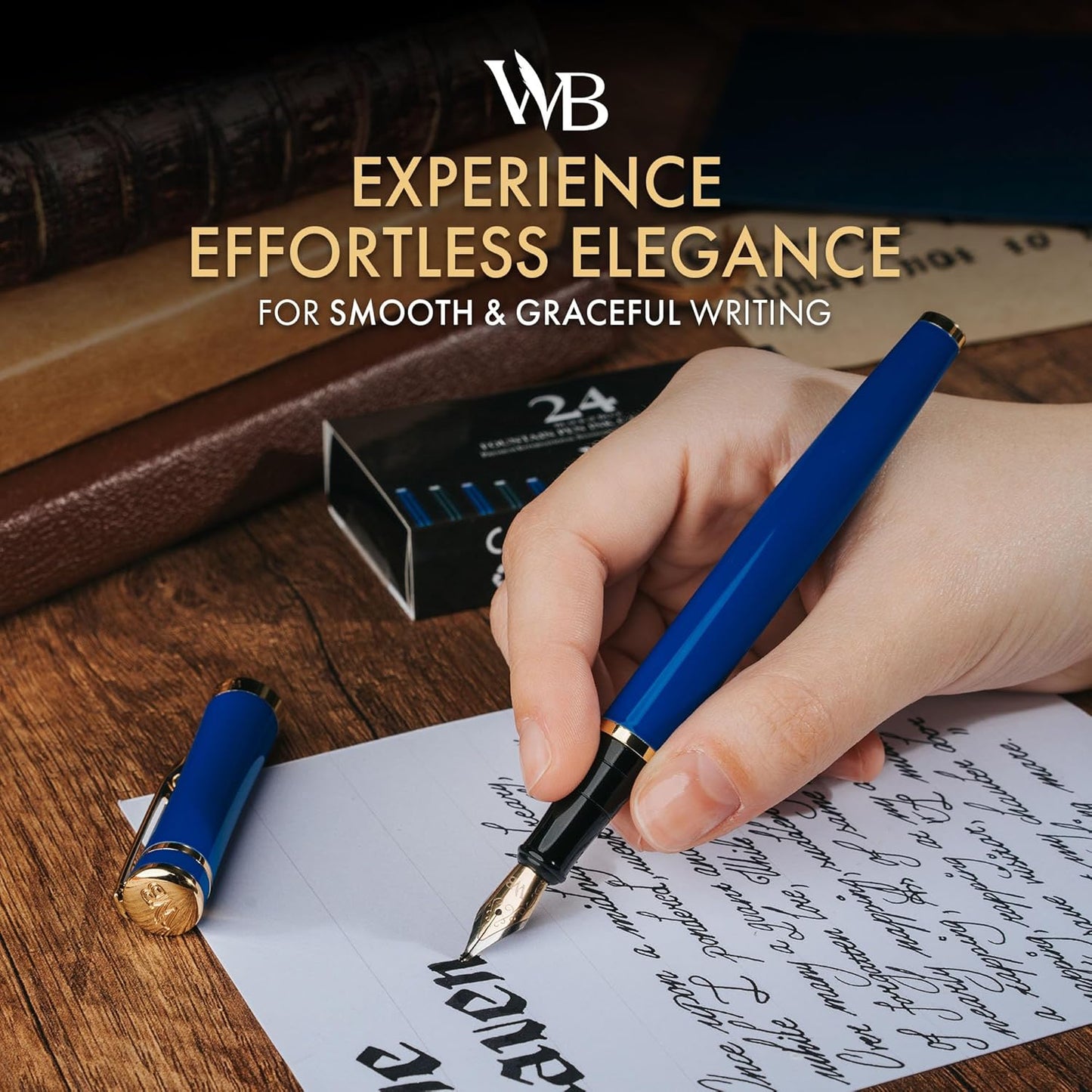 Wordsworth & Black Fountain Pen Set, Bent Nib, Includes 24 Pack Ink Cartridges, Ink Refill Converter & Gift Box, Calligraphy, [Imperial Blue], Perfect for Men & Women