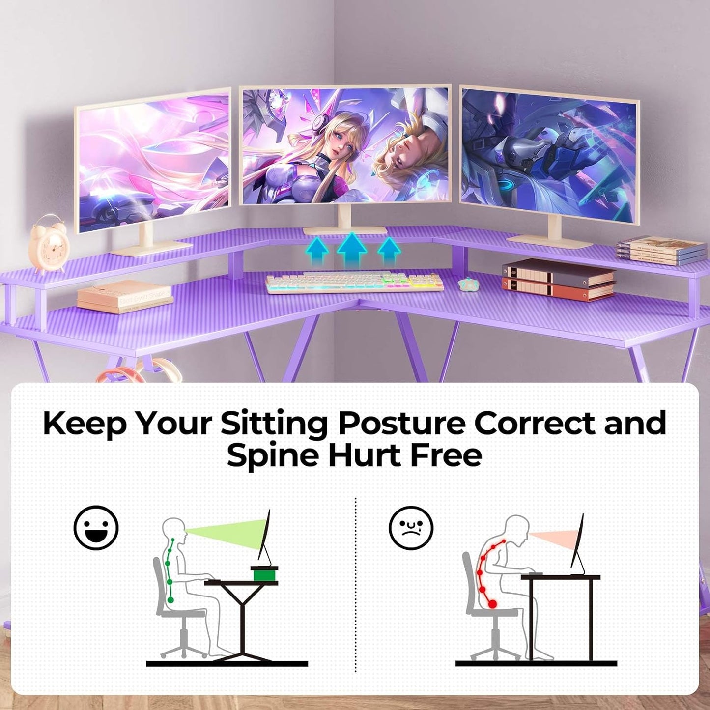 SEVEN WARRIOR Gaming Desk 50.4” with LED Light & Power Outlets, L-Shaped Gaming Desk Carbon Fiber Surface with Monitor Stand, Ergonomic Gamer Table with Headphone Hook, Purple